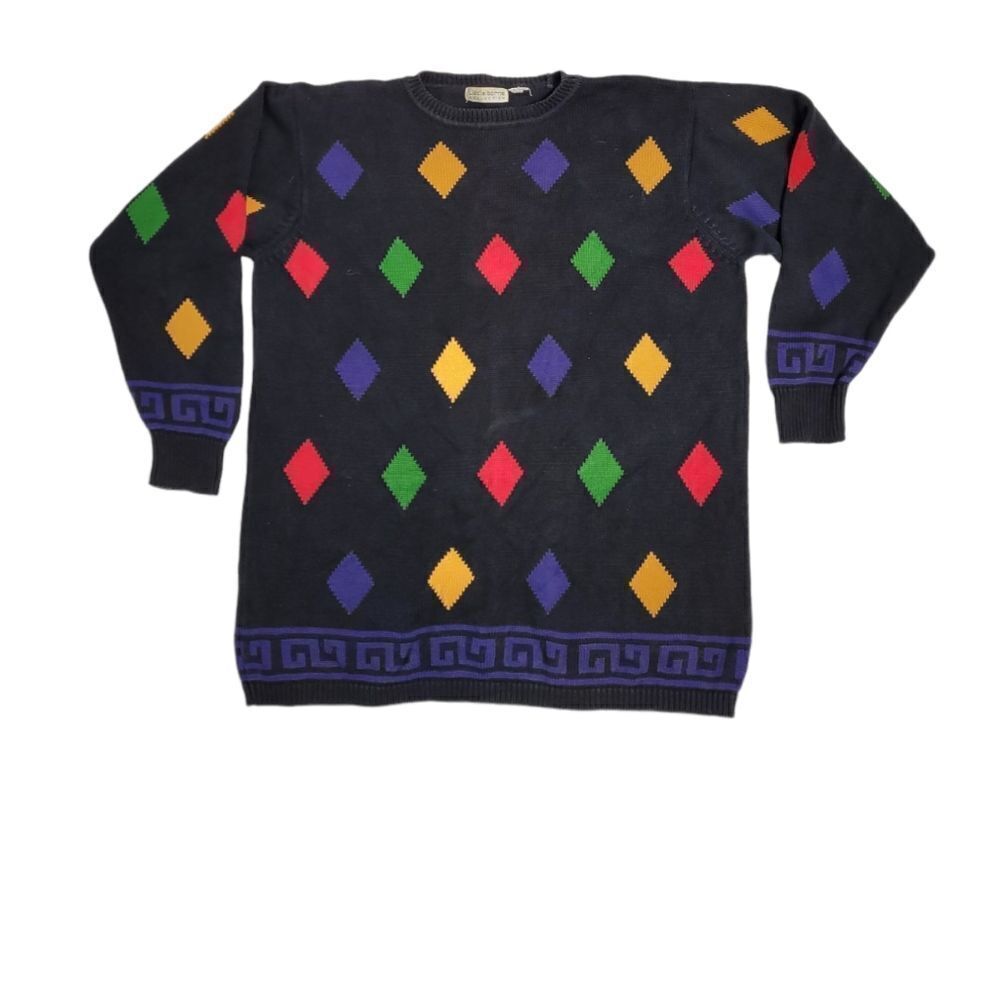 VINTAGE 90s diamond sweater multicolor rainbow‎ crew neck greek key L